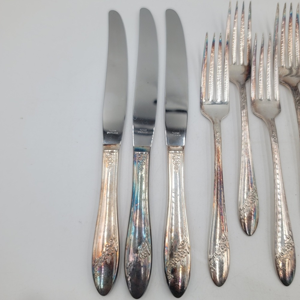27pc Tudor Plate Oneida Community Queen Bess II Silverplate Flatware Set Floral - Picture 8 of 9